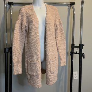 Long, open cardigan, fuzzy knit